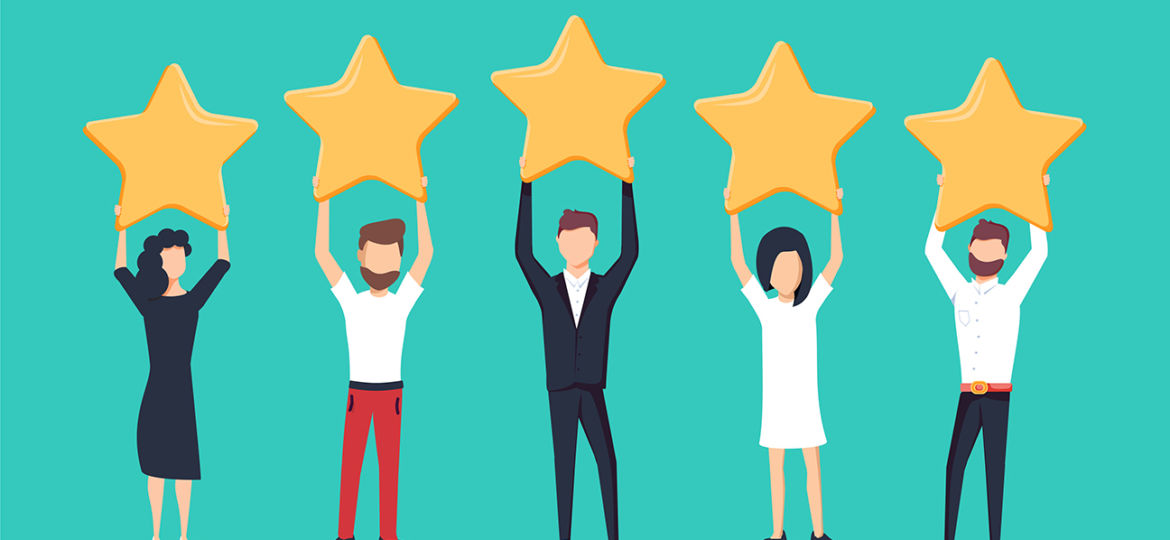 Five stars rating flat style vector concept. People are holding stars over the heads. Feedback consumer
