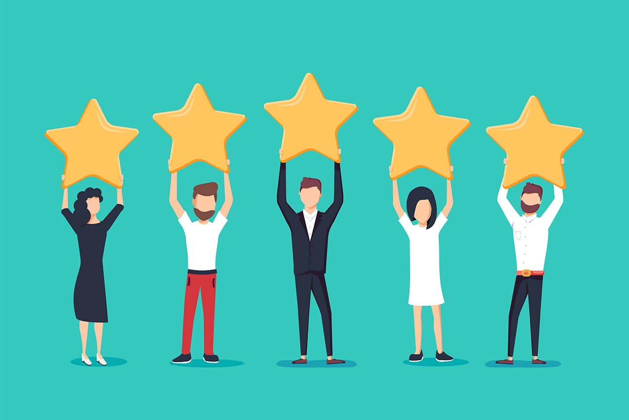 Five stars rating flat style vector concept. People are holding stars over the heads. Feedback consumer