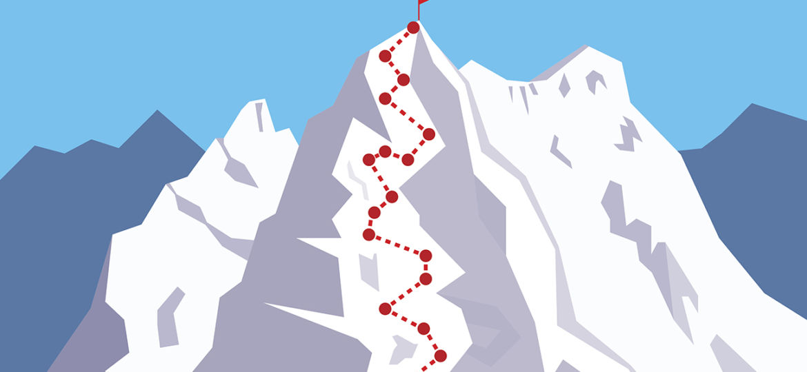 Route to the Top - climbing, alpinism, mountaineering / Career growth / Goal achieving concept - Vector infographic