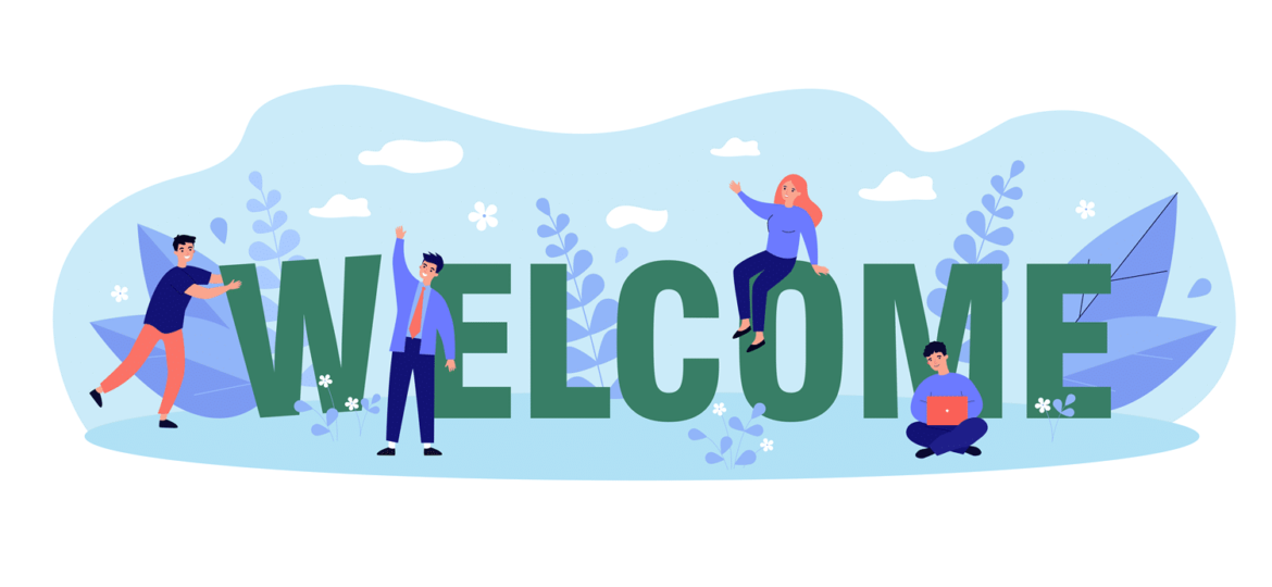 Illustration with four people sitting and standing around a huge welcome sign
