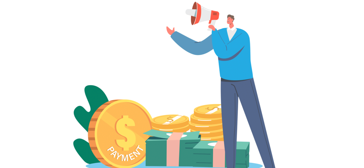 An illustration with a man with a megaphone and money with the words "payment" by his feet