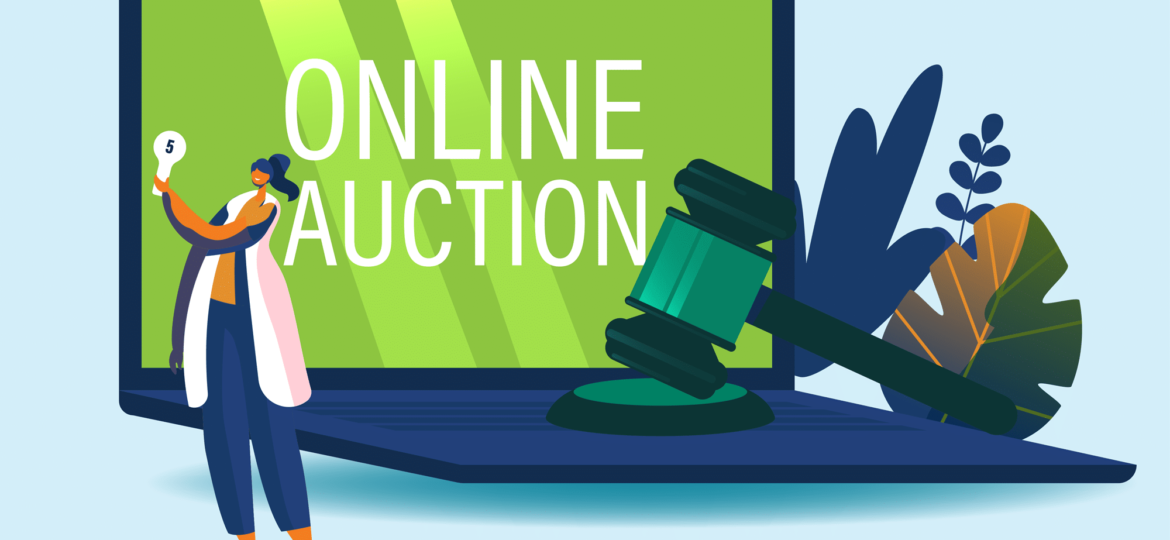 Illustration featuring an open laptop with the words 'Online Auction' on the screen