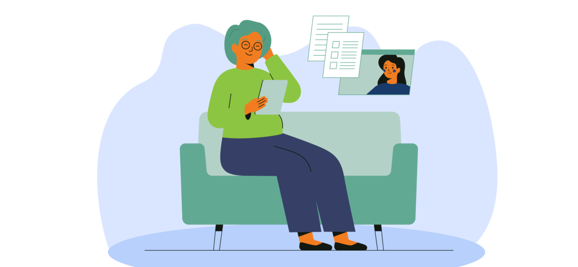 Illustration of an older lady sitting on a couch and talking on the phone with somebody